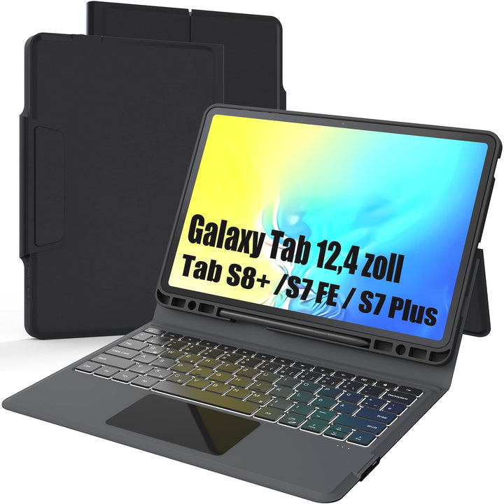ROOFEI Folio Tastatur Hülle für Samsung Galaxy Tab S7 FE /S8 Plus/S7 Plus 12,4 Zoll - Kabellose Deut