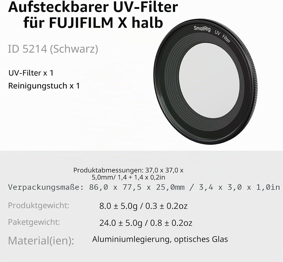 SMALLRIG Magnetischer UV-Filter für FUJIFILM X Half Kamera, optisches Glasobjektiv, Leichter Alumini