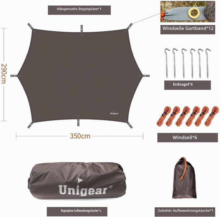 Unigear Zeltplane wasserdicht, 350x290cm/450x420cm sechseckig Tarp mit Ösen + 6 Aluminium Erdnägel+