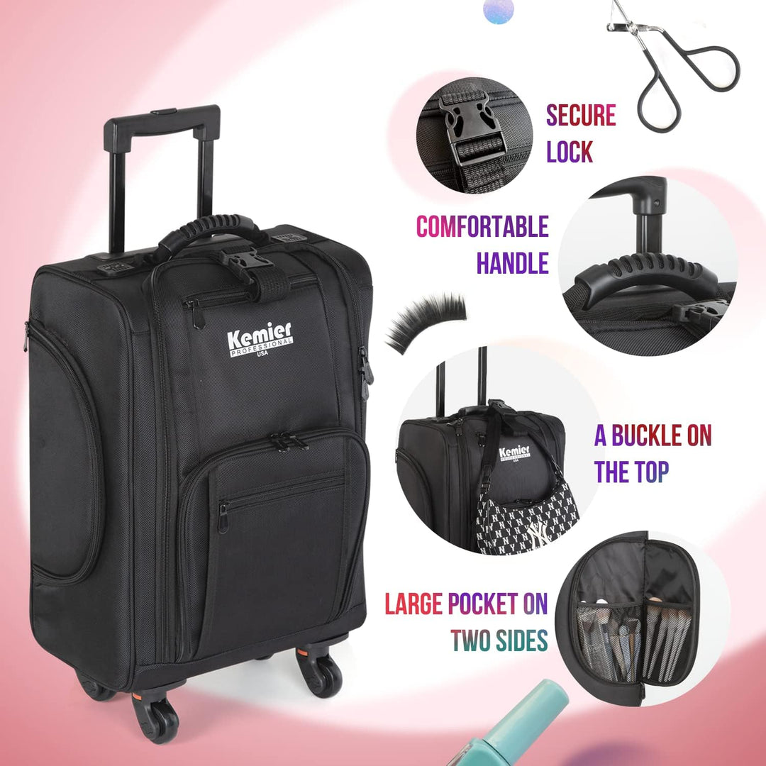 Kemier Make up Koffer, Weiche Zweiseitige Nylon Rollen Mobiler Kosmetik Organizer mit Tasche, Schwar