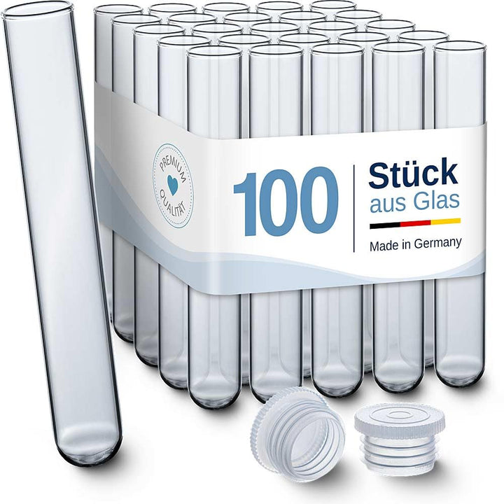 Tuuters 100 Stück Reagenzgläser aus Glas mit Verschluss (160 x Ø 16mm) Glasröhrchen mit Deckel für L