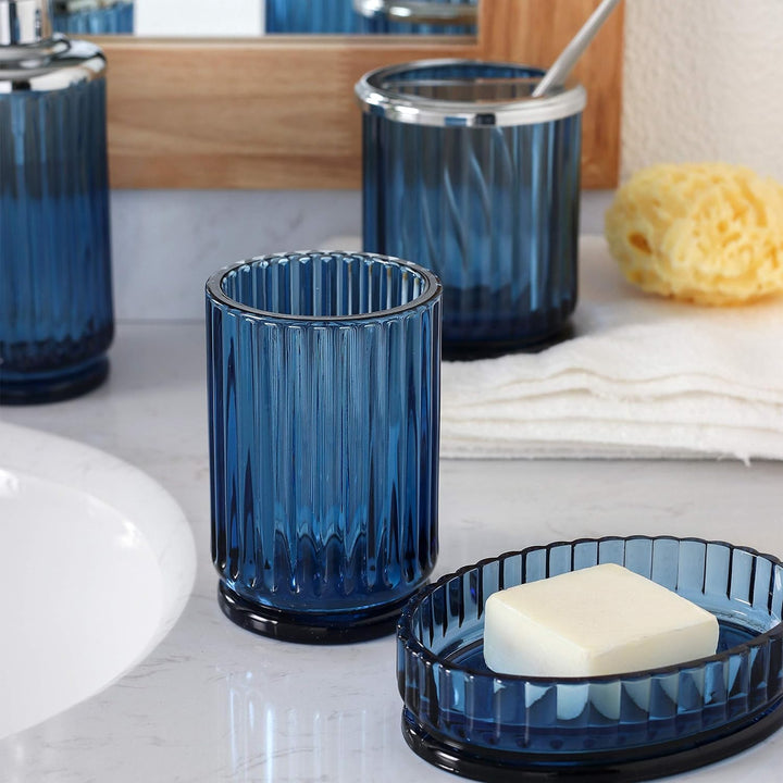 Badezimmer-Zubehör-Set aus schwerem blauem Glas mit dekorativem gepresstem Muster – inklusive Handse