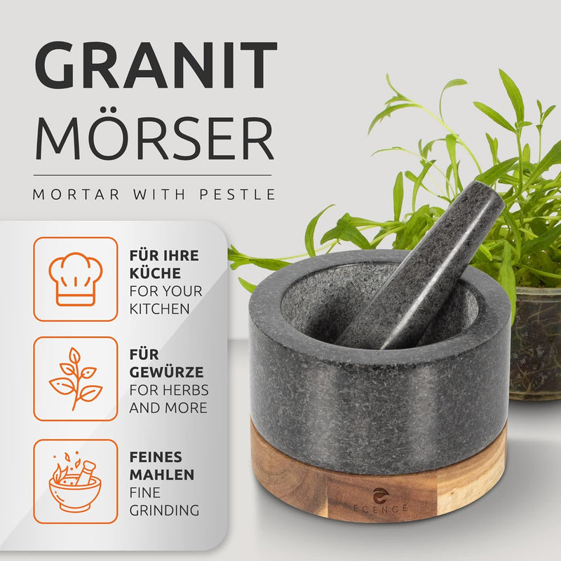 ECENCE Mörser mit Stössel Set aus Granit & Holz Ø11cm Küchenmörser Gewürzmörser massiv für perfektes