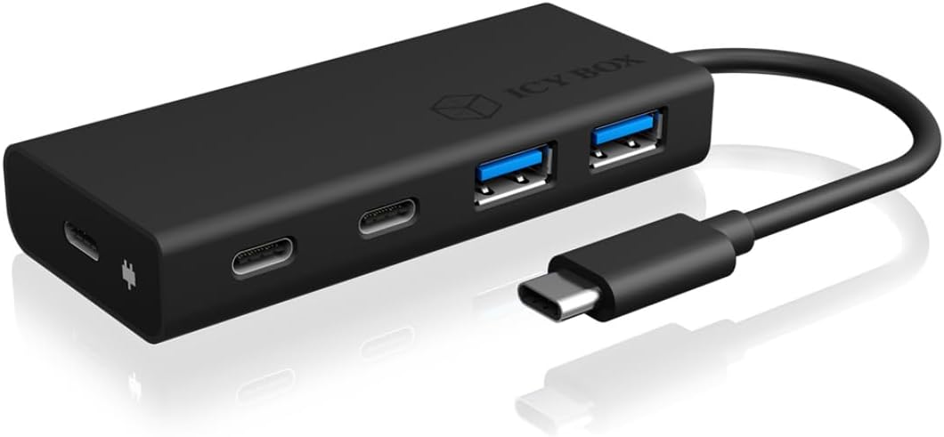 Icy Box USB Hub mit USB-C Stecker und Power Delivery, USB 3.0, integriertes Kabel, aluminium, PD 60
