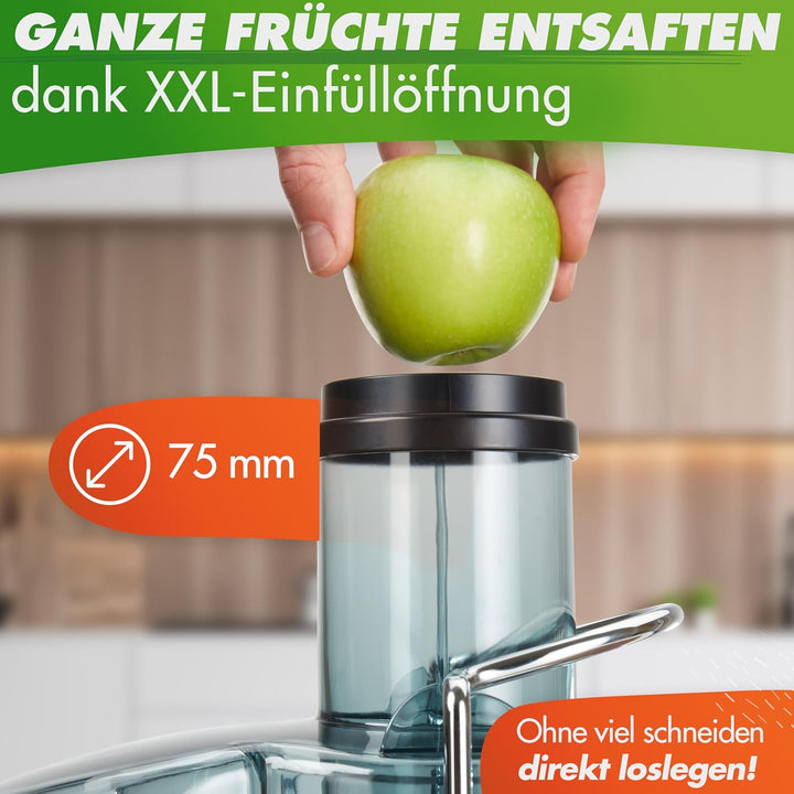 Nutrilovers QUICK-JUICER MAX Entsafter Obst und Gemüse, XXL Einwurf, Edelstahlsieb, Externer Trester