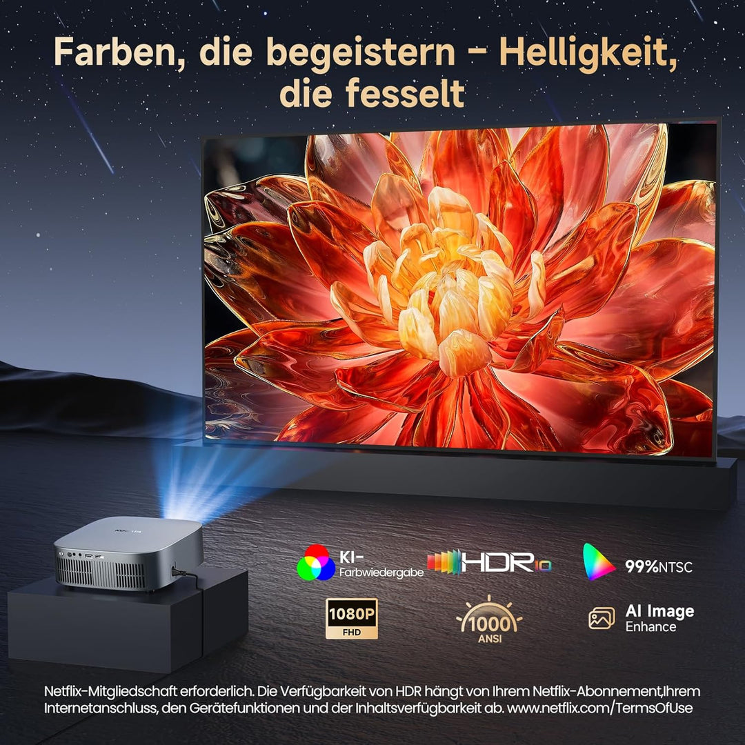 Smart Beamer 4K kompatibel mit Netflix &amp; Dolby Audio, KOGATA Kurzdistanz Projektor mit Autofokus &amp; 6