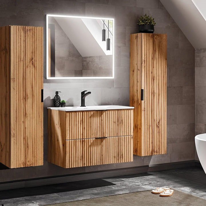 Lomadox Badezimmermöbel Waschtisch-Unterschrank 80 cm in Wotaneiche mit gerillter Front, 2 Softclose