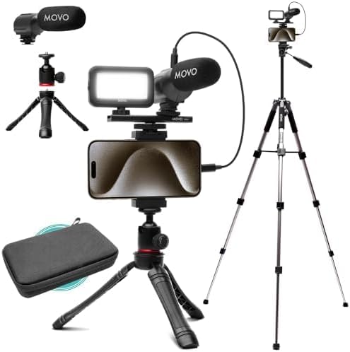 Movo uVlogger Android/USB-C/iPhone 15 kompatibles Vlogging-Kit mit Fullsize-Stativ - YouTube-Starter
