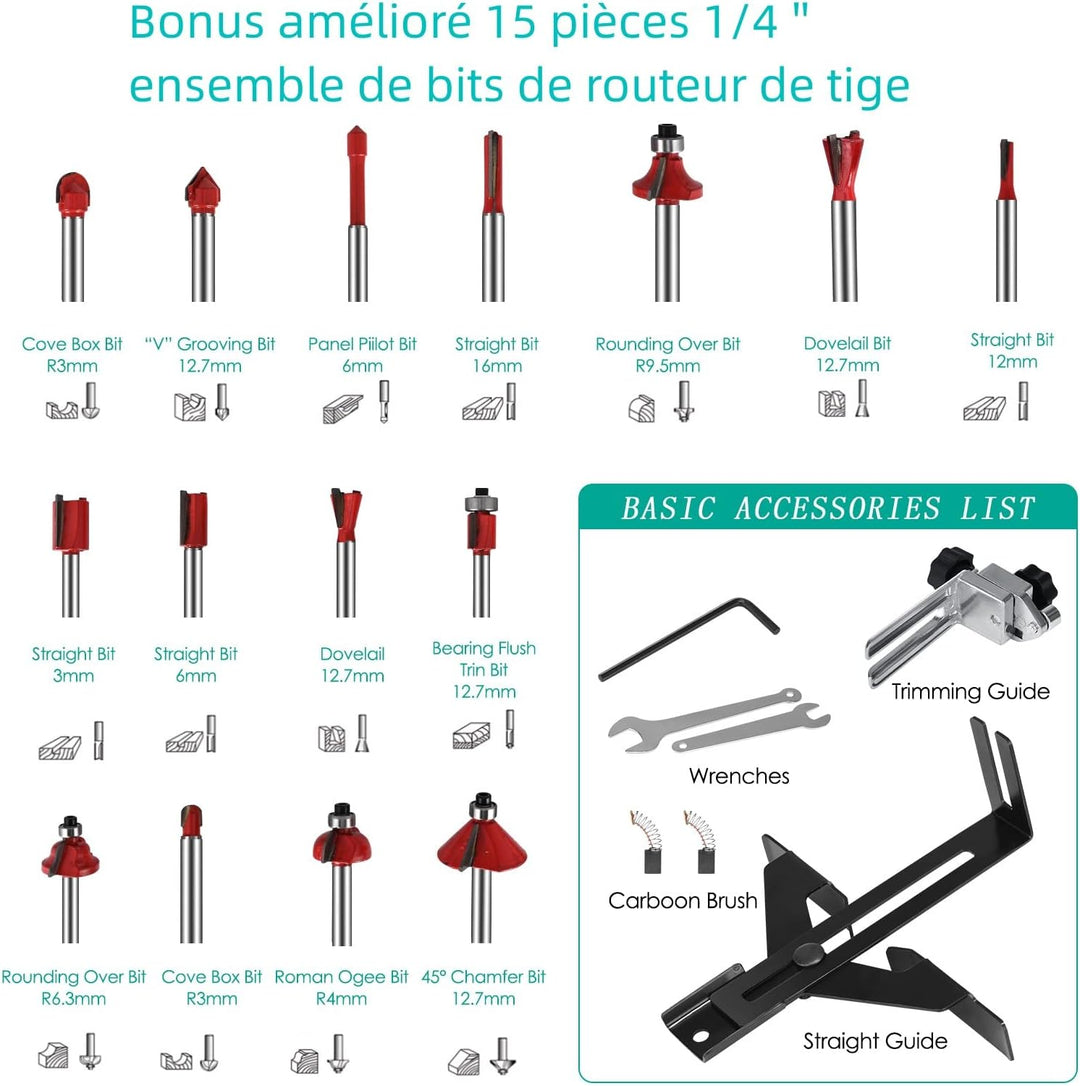 Yontwe Kompaktes Holz Router Werkzeug Tragbarer Handrouter Holzbearbeitung mit 15 Stück Router Bits