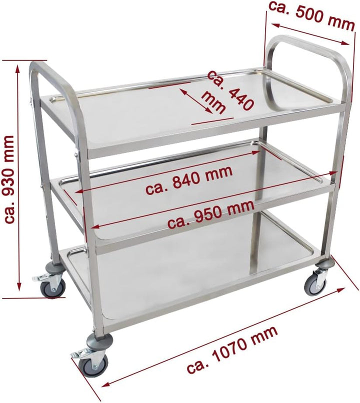 Beeketal 'BSW-3a' Edelstahl Servierwagen Transportwagen mit 3 Böden und Kantrohrgestell (belastbar b