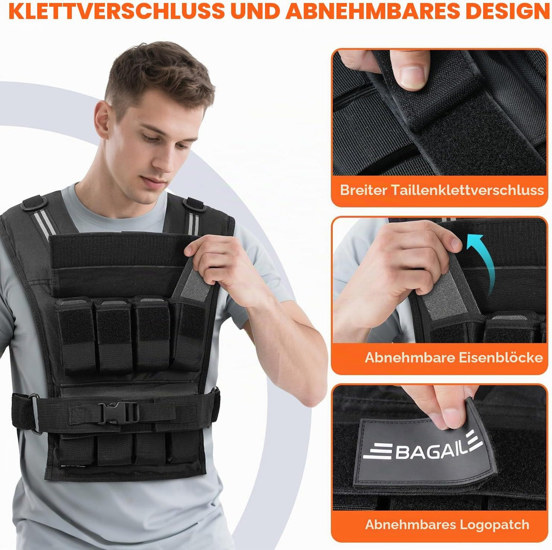 BAGAIL Gewichtsweste für Krafttraining, abnehmbare Eisenplatten, verstellbare Brustgrösse, Hochleist