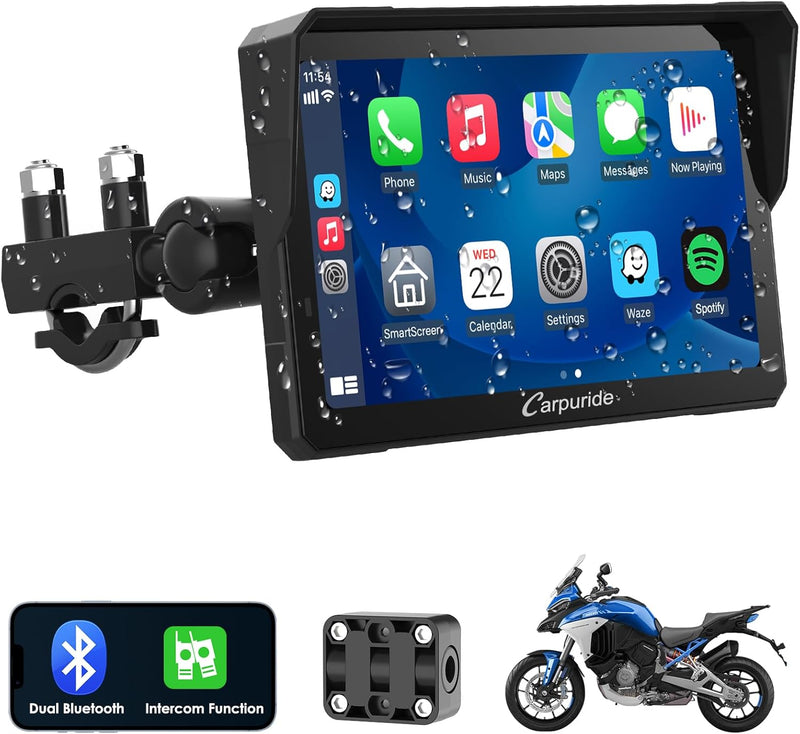 Carpuride W702 Pro Motorrad Carplay Bildschirm mit Gegensprechfunktion, Kabellos CarPlay und Android