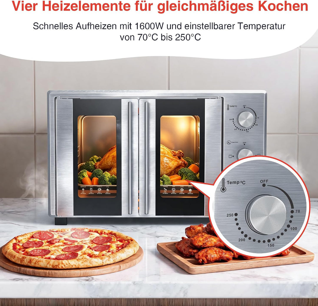Minibackofen 38 Liter, Pizzaofen Elektrisch 1600W mit Doppeltür, 3 Heizmodi, 70°C-250°C Thermostat u