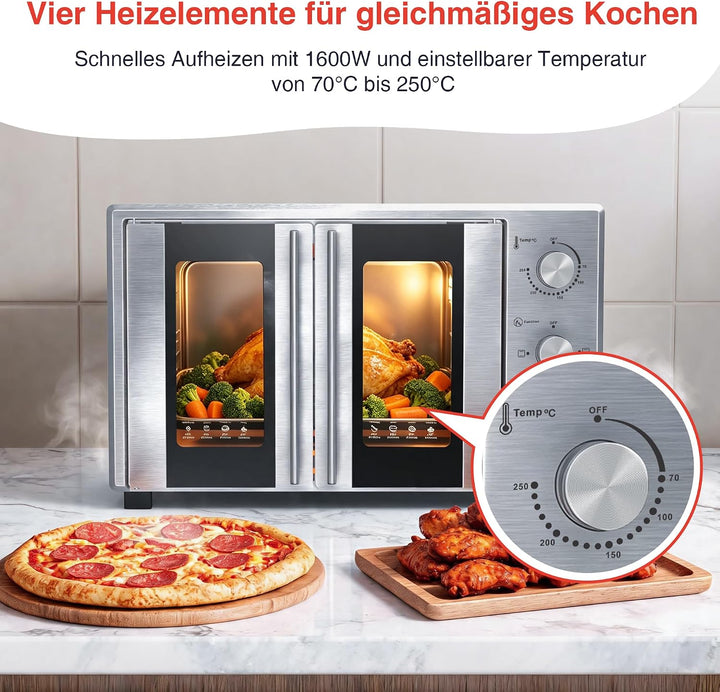 Minibackofen 38 Liter, Pizzaofen Elektrisch 1600W mit Doppeltür, 3 Heizmodi, 70°C-250°C Thermostat u
