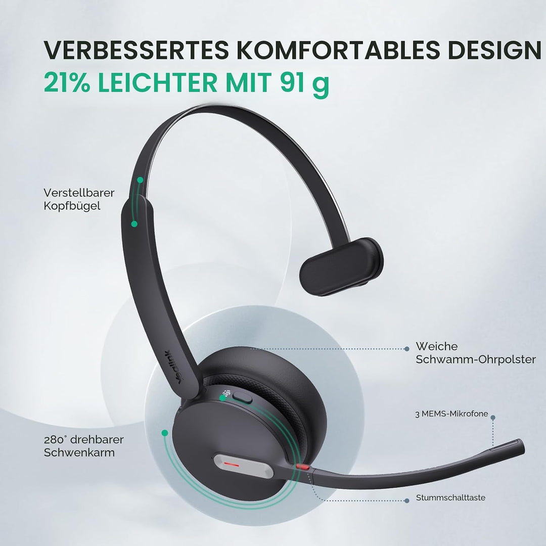 Yealink BH70 Mono Bluetooth Headset mit Mikrofon für Homeoffice, Microsoft Teams Zertifiziertes Blue