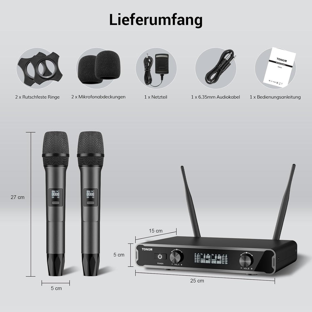 TONOR Dual Mikrofon Kabellos System, Funkmikrofon drahtloses Karaoke Mikro Set Wireless Microphone 6