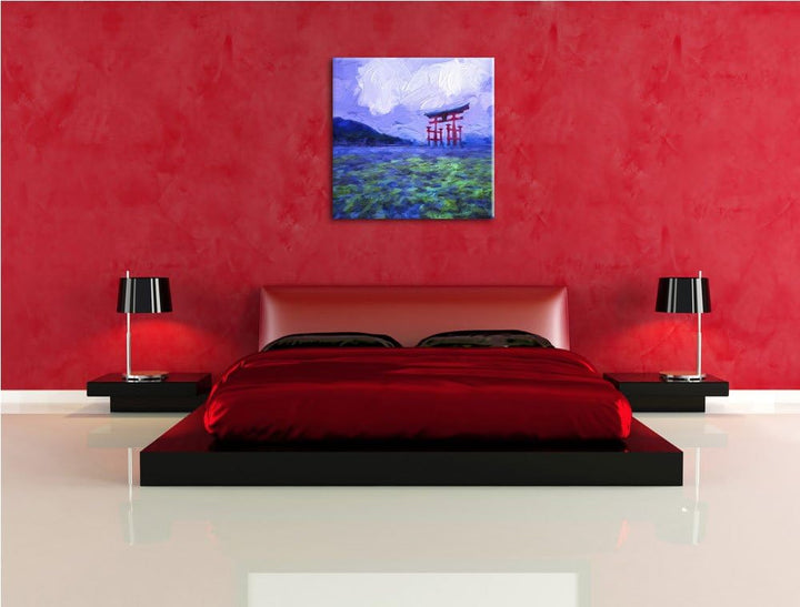 schönes Torii in Hiroshima, Format: 70x70 auf Leinwand, XXL riesige Bilder fertig gerahmt mit Keilra