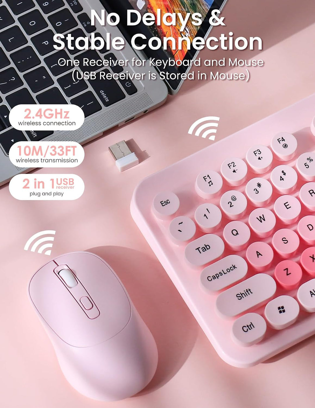 LAMA Tastatur Maus Set Kabellos, Retro runde Schreibmaschine Tastatur mit 104 Tasten &amp; Ziffernblock,