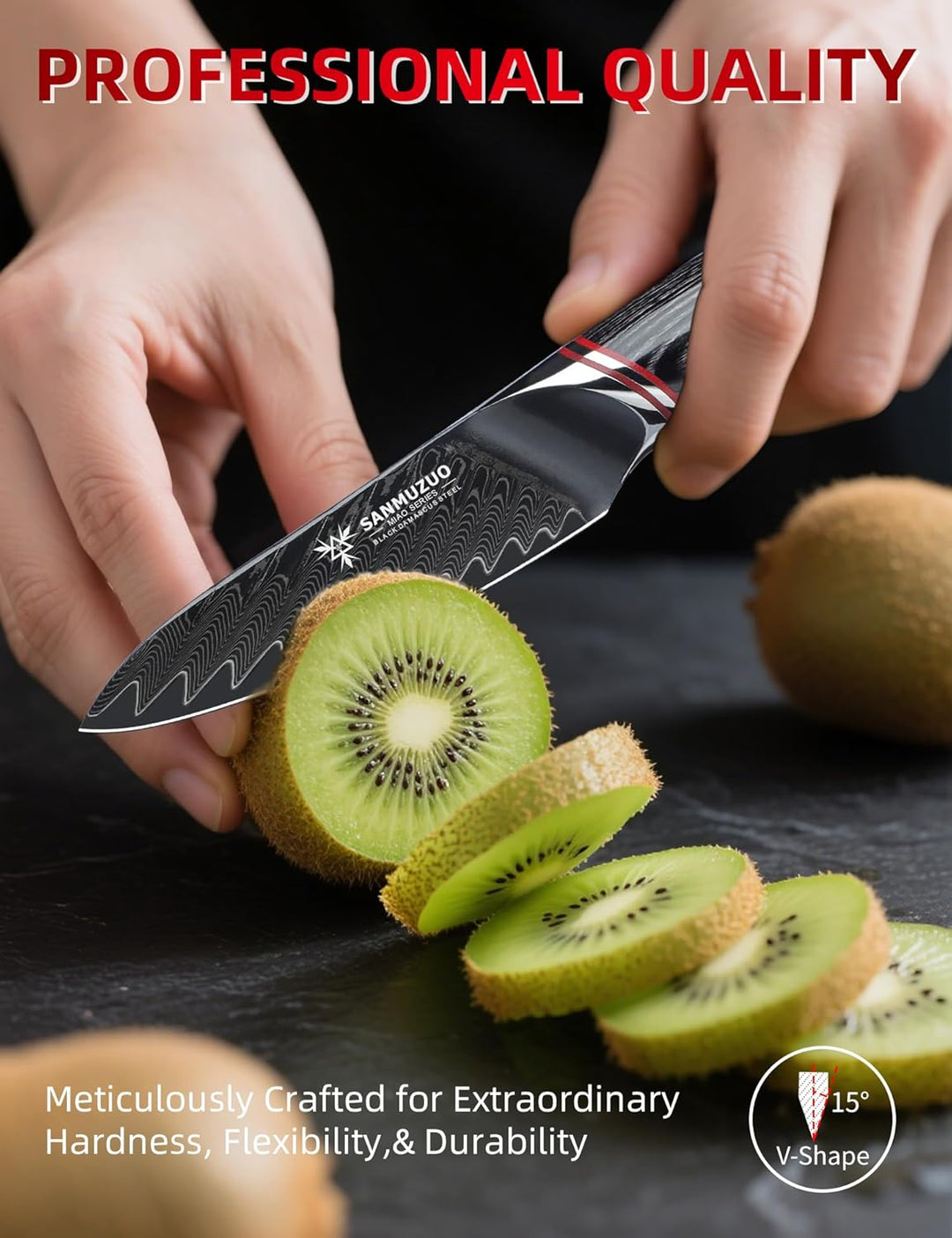 8,9 cm Schälmesser – Obst- und Gemüseschälmesser, Schwarzer Damaststahl mit ergonomischem Griff – Mi