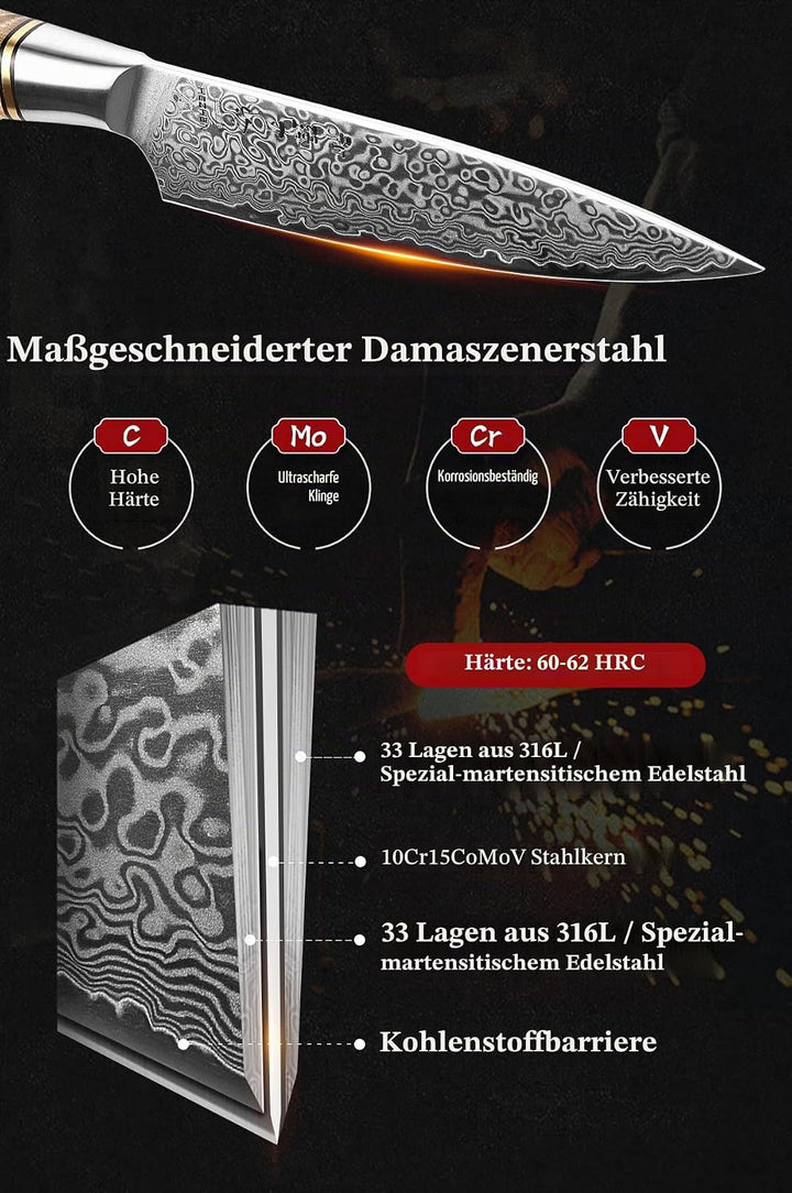 HEZHEN 12.5cm Universalmesser,scharfe Klinge-Damaskus Stahl Rosenmuster-Multifunktionales VG10 Gemüs