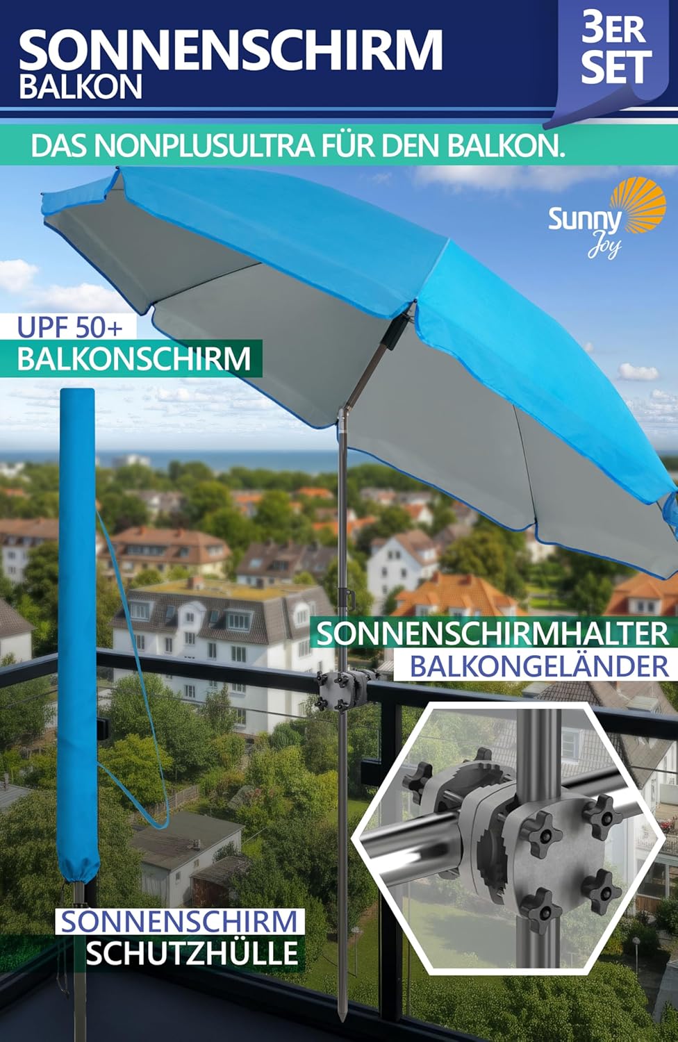 4smile Sonnenschirm Balkon SunnyJoy, 3-in-1 SET, Blau - UPF 50+ Sonnenschirm Ø 160 cm + SunnyGuy Son