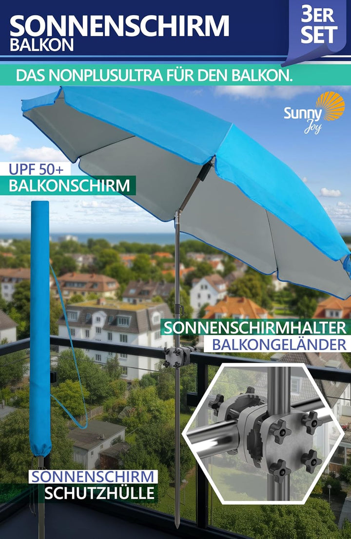 4smile Sonnenschirm Balkon SunnyJoy, 3-in-1 SET, Blau - UPF 50+ Sonnenschirm Ø 160 cm + SunnyGuy Son