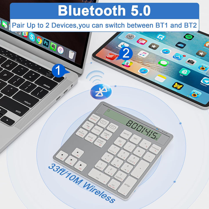 Wiederaufladbares 2-in-1 Ziffernfeld mit Bluetooth & USB, 34 Tasten mit Rechner-Display, schlank & p