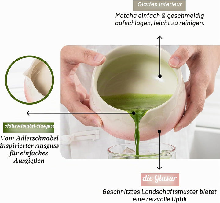 TEANAGOO Matcha Schale mit Ausgiesser,2-Pcs Fuji Design Keramik Schale und Schneebesen Halter(chawan