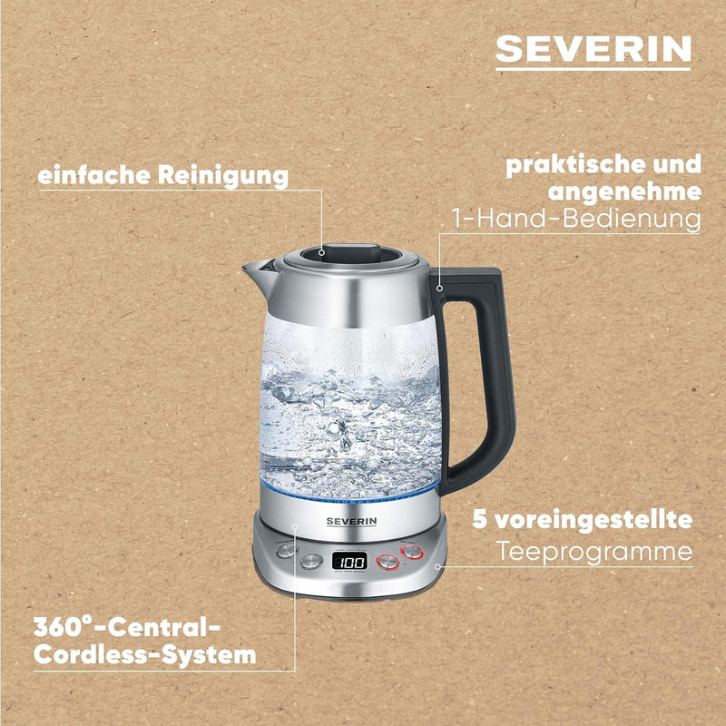 SEVERIN Glas Tee- & Wasserkocher Deluxe, Teekocher mit einstellbarer Temperatur & Ziehzeit, Wasserko