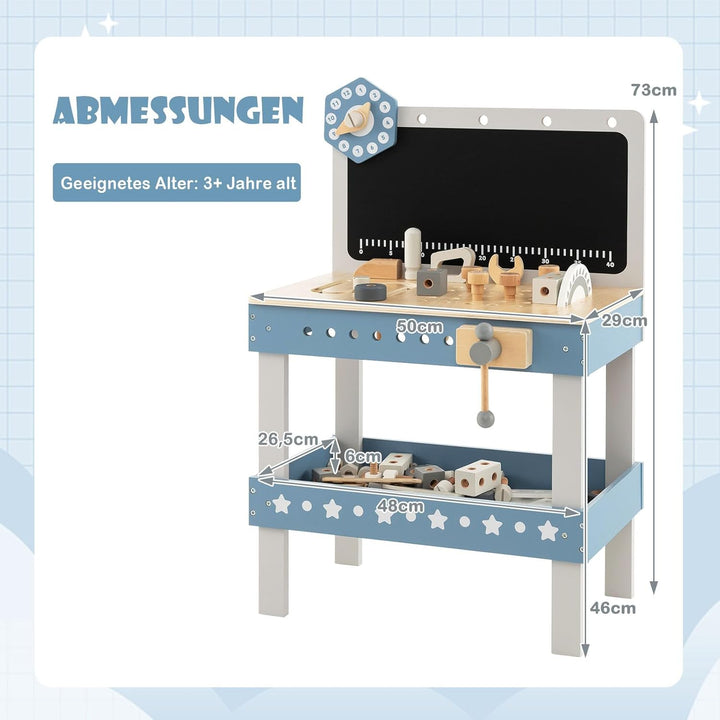 GOPLUS Kinder Werkzeugbank, Werkbank aus Holz mit Tafel, Uhr, Arbeitsplatte mit Steckplätzen & unter