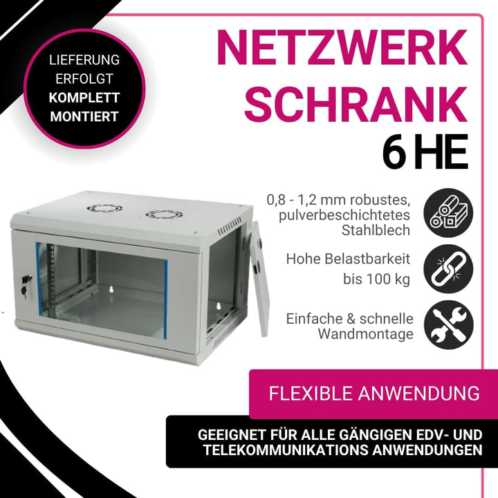 Koscom Connect Netzwerkschrank 6 HE I Serverschrank 19 Zoll I Wandmontage 600 x 450 x 369 mm I voll
