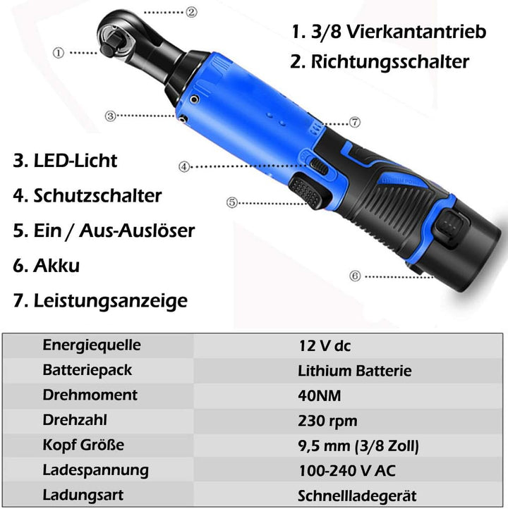 Akku Ratschenschlüssel mit 2 x 1500mAh Lithium Akkus, Elektrische Ratschenschlüssel Set - 40Nm, 12V,
