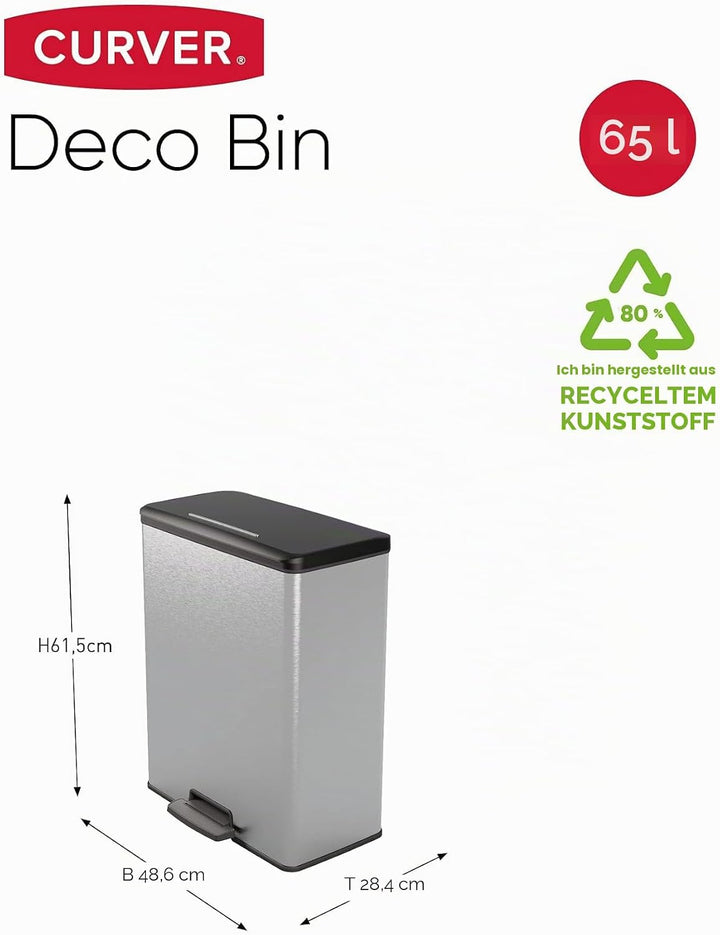 CURVER DECO BIN Mülleimer, Kunststoff, Silber metallic, 65L, Silber metallic