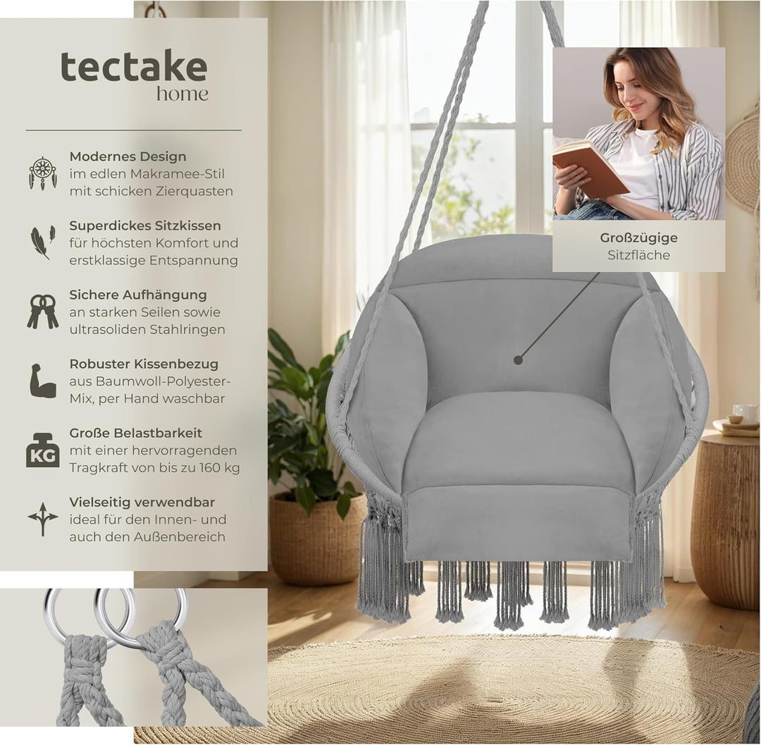 tectake® Hängesessel, Hängeschaukel mit dicken Kissen & Quasten, Boho Hängekorb Ø 80 cm, Hängesessel