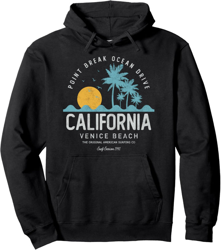 Vintage Retro Style Ocean Wave Surf Venice Beach California Pullover Hoodie