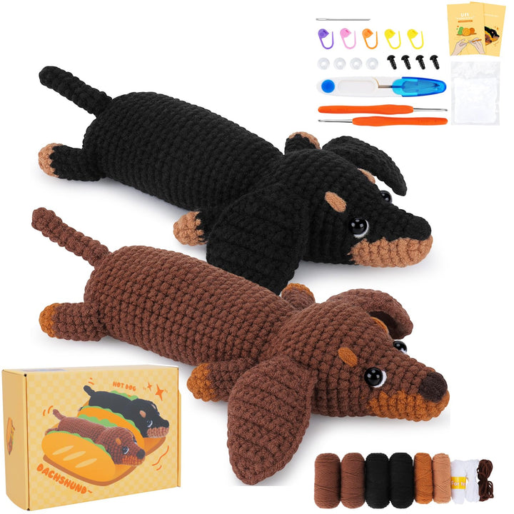 Häkelset für Anfänger - Tier Kit mit Dackel Garn, Haken, Nadeln und Schritt-für-Schritt-Video - Eins