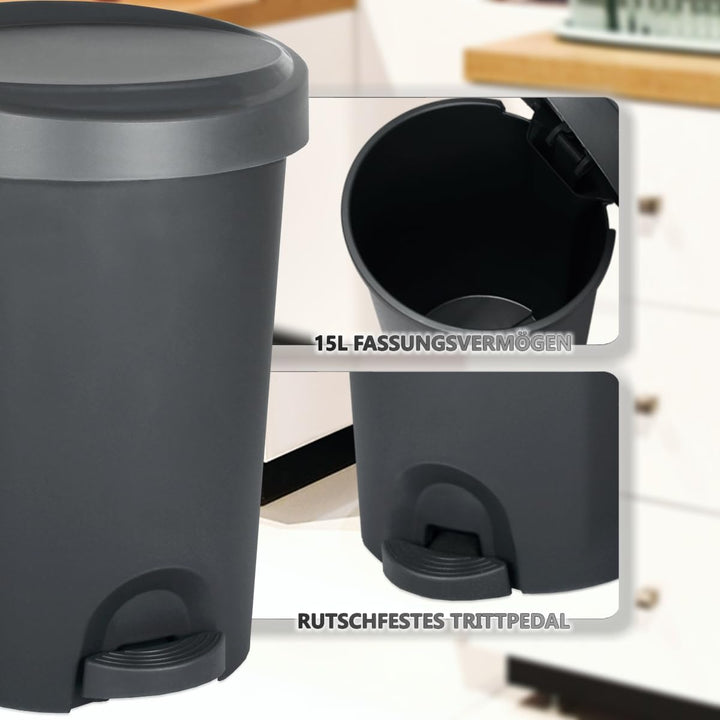 Stimo Tretmülleimer 15L aus Kunststoff Mülleimer mit Pedal Abfalleimer mit Deckel für Küche Büro Bad