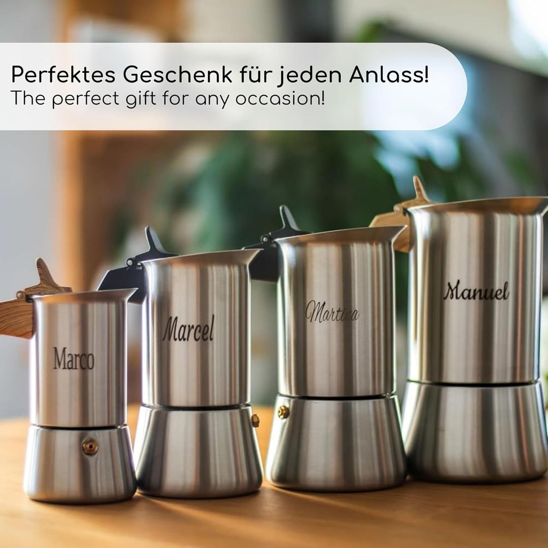 Milu Espressokocher mit Gravur (2 Cup No Induktion) | 2 4 6 9 Tassen| Edelstahl Mokkakanne, Espresso