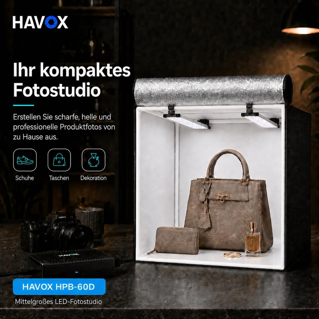HAVOX - Fotostudio HPB-60D - Masse 60x60x60cm - 2X Dimmbare LED-Beleuchtung Tageslicht 5500k - 13,00