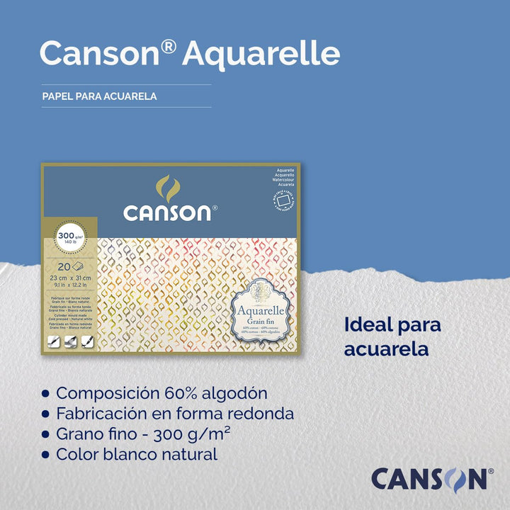 Canson Aquarelle Canson Block rundumgeleimt, 25 x 36 cm, 20 Blatt, 300 g/m², Feinkorn