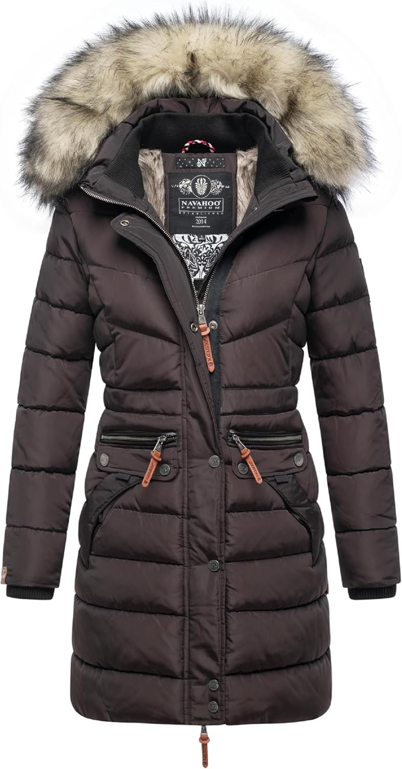 Navahoo Damen Wintermantel warmer Steppmantel lang mit abnehmbarer Kunstfell-Kapuze Paula XS-5XL S C