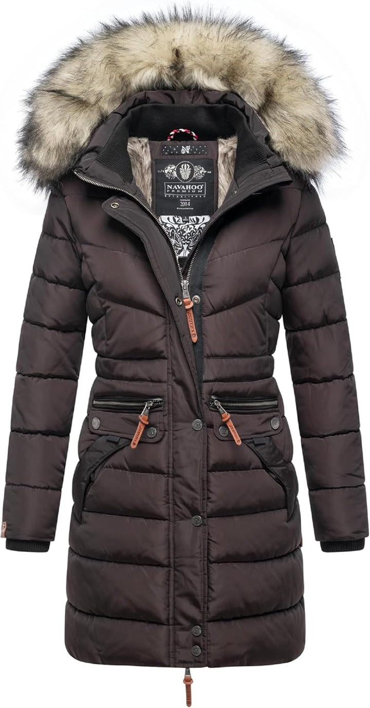 Navahoo Damen Wintermantel warmer Steppmantel lang mit abnehmbarer Kunstfell-Kapuze Paula XS-5XL S C