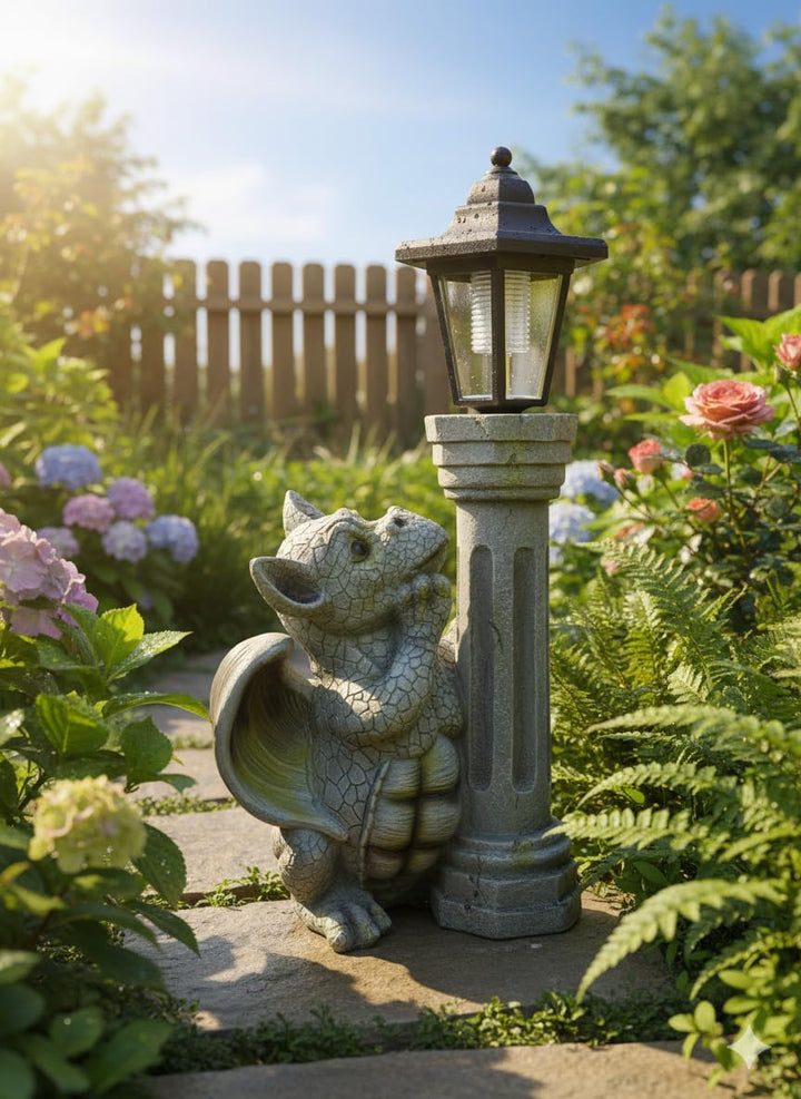 Kremers Schatzkiste Drachenkind mit Solar Laterne Drache Figur Gargoyle Gartenfigur mit Solarlaterne