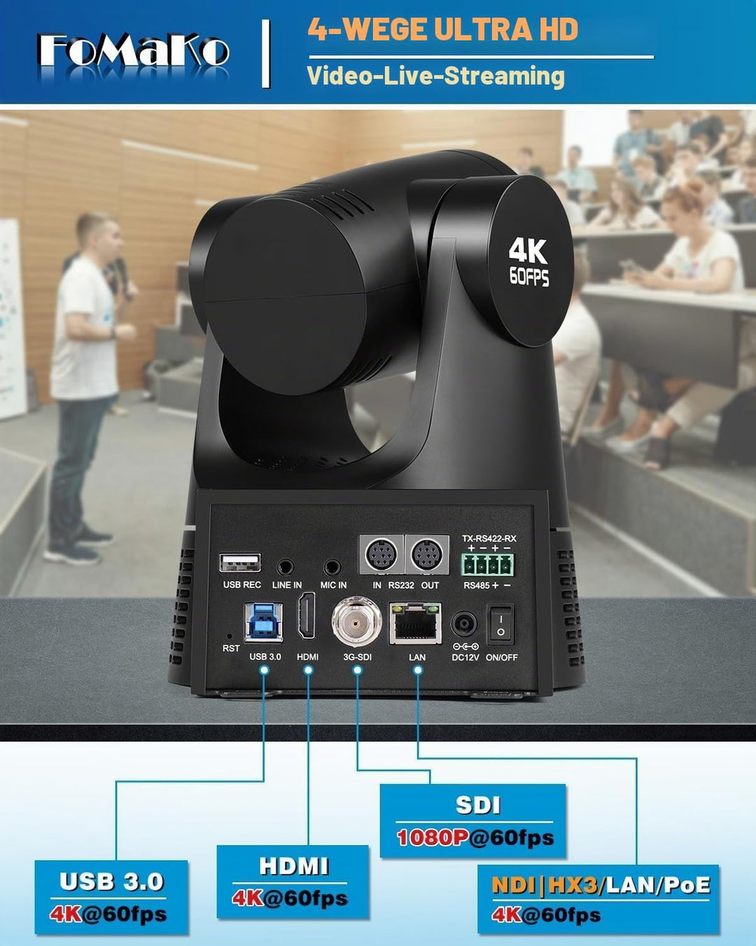 FoMaKo 4K NDI PTZ Set BK203, 4K 60fps NDI HX3 20x Optischer Zoom KI-Auto-Tracking, mit 3G-SDI/HDMI/U