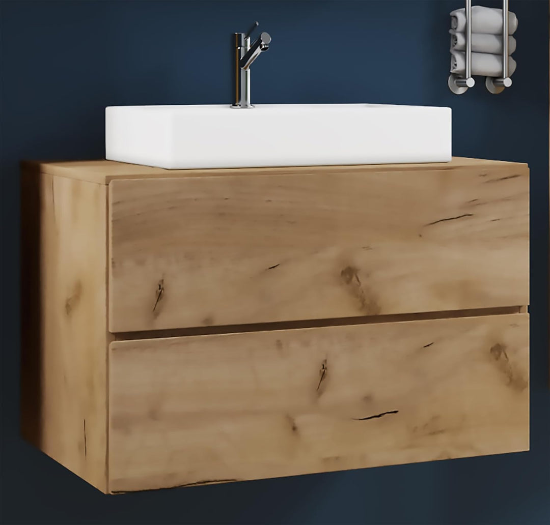 VCM 2-TLG. Waschplatz Waschtisch Badmöbel Set Waschbecken Lendas S Schublade 80, Honig-Eiche