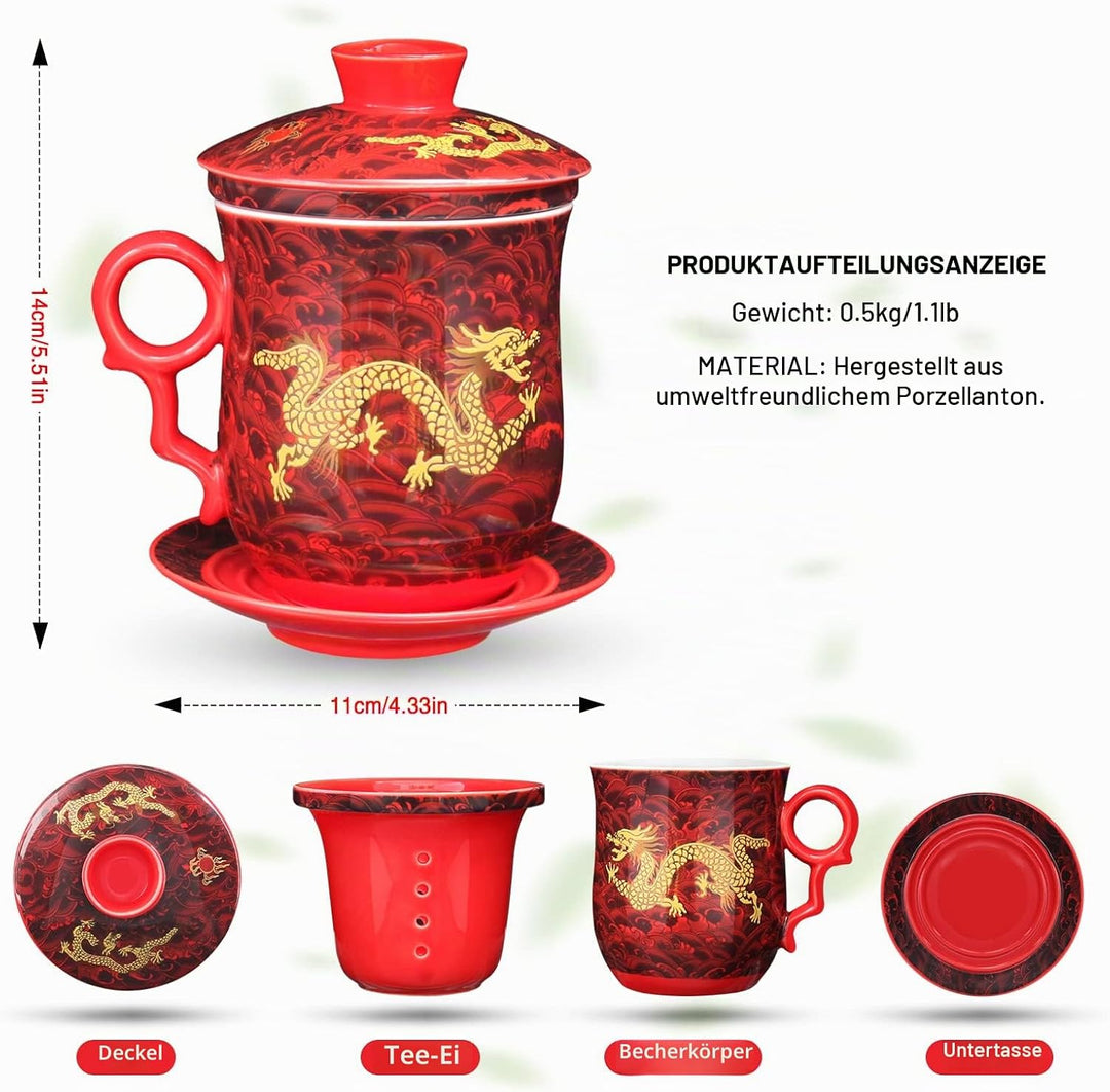 YURROAD Teetasse Mit Teesieb Deckel Und Untertasse Chinesisches Drachenmuster Aus Chinesischem Porze