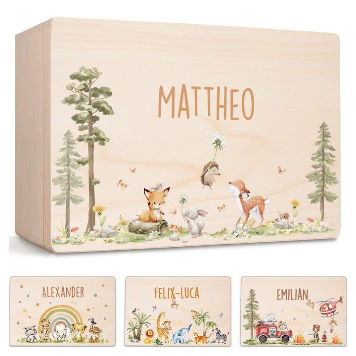 Little Deco Personalisierte Baby-Erinnerungskiste aus Holz | L - 40 x 30 x 22 cm | mit Waldtiere Ges