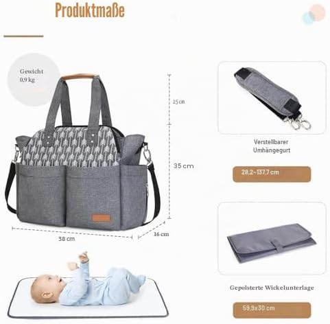 Lekebaby Baby Wickeltasche Bote gross mit Wickelunterlage für Reise, Grau, Grau