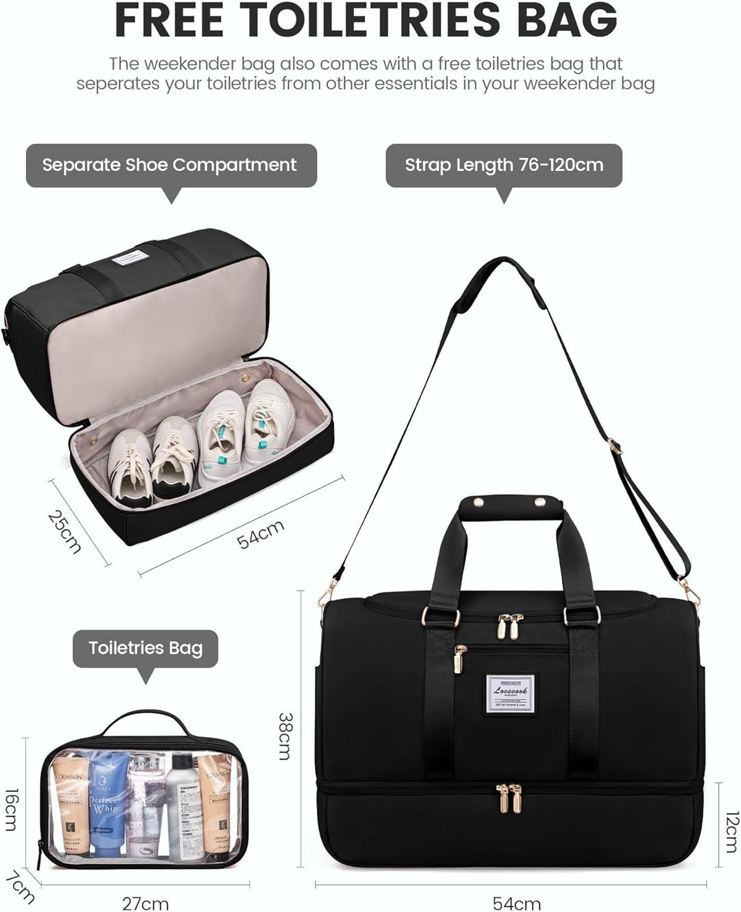 LOVEVOOK Sporttasche Reisetasche Gross, 50L Weekender Damen Reisetaschen mit Kulturtasche, Schuhfach