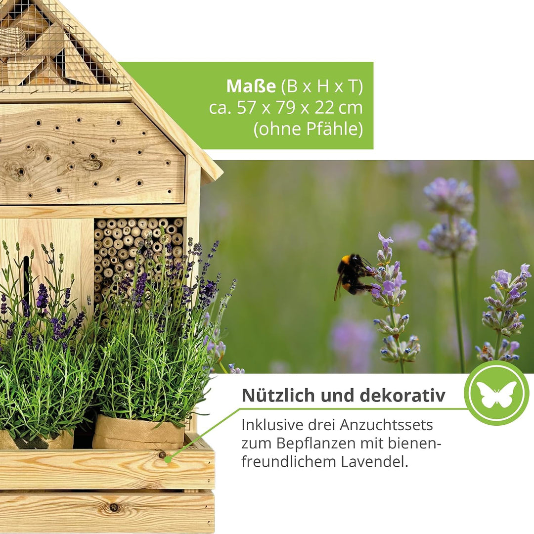 GARTENETAGE Stehendes Insektenhotel XXL mit Pflanzenoase Lavendel - inkl. Anzuchtset/Naturbelassenes
